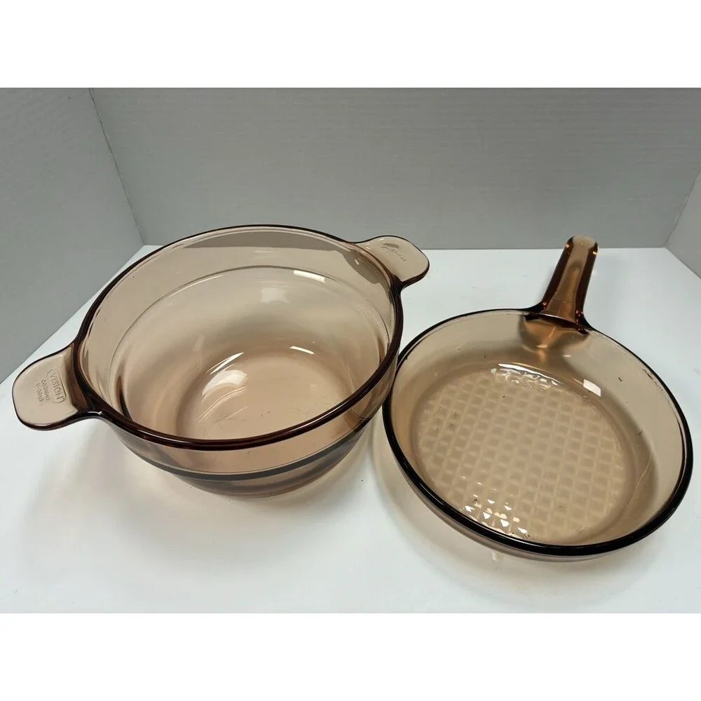 Vision Corning Ware Amber Glass Cookware Lot 2 Pc Bowl & Frying Pan USA